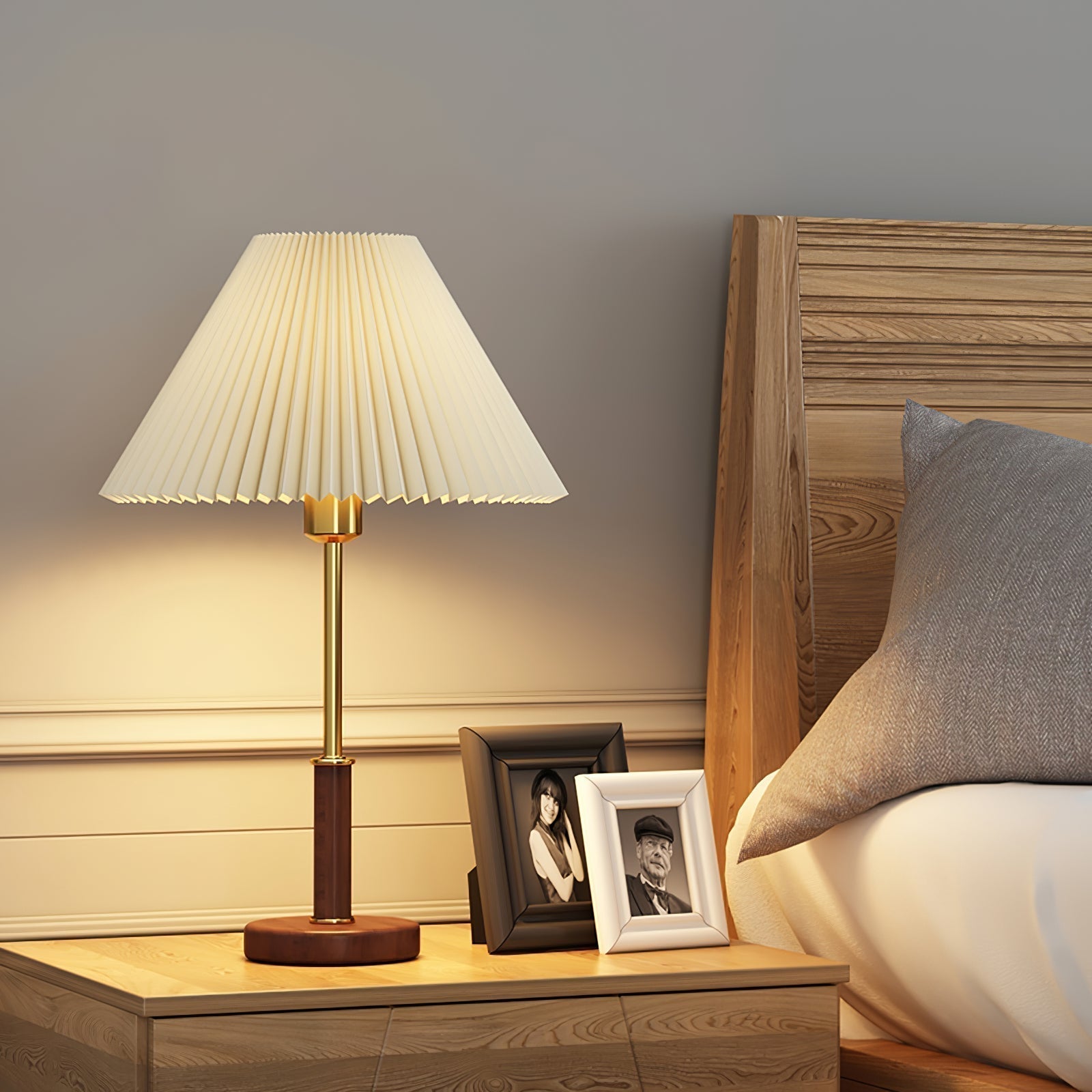 Elmora Pleated Linen Shade Table Lamp In Wood And Metal