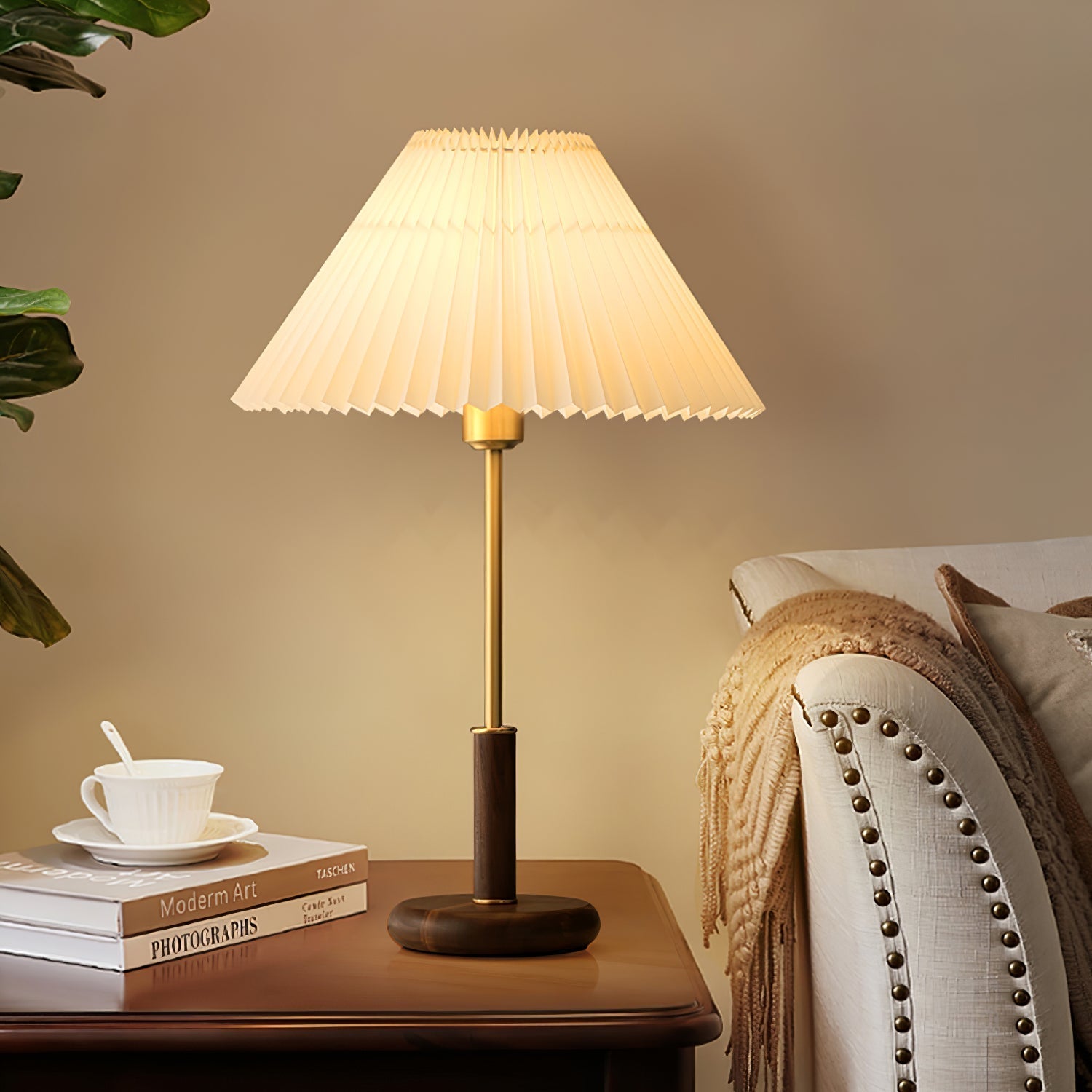 Elmora Pleated Linen Shade Table Lamp In Wood And Metal