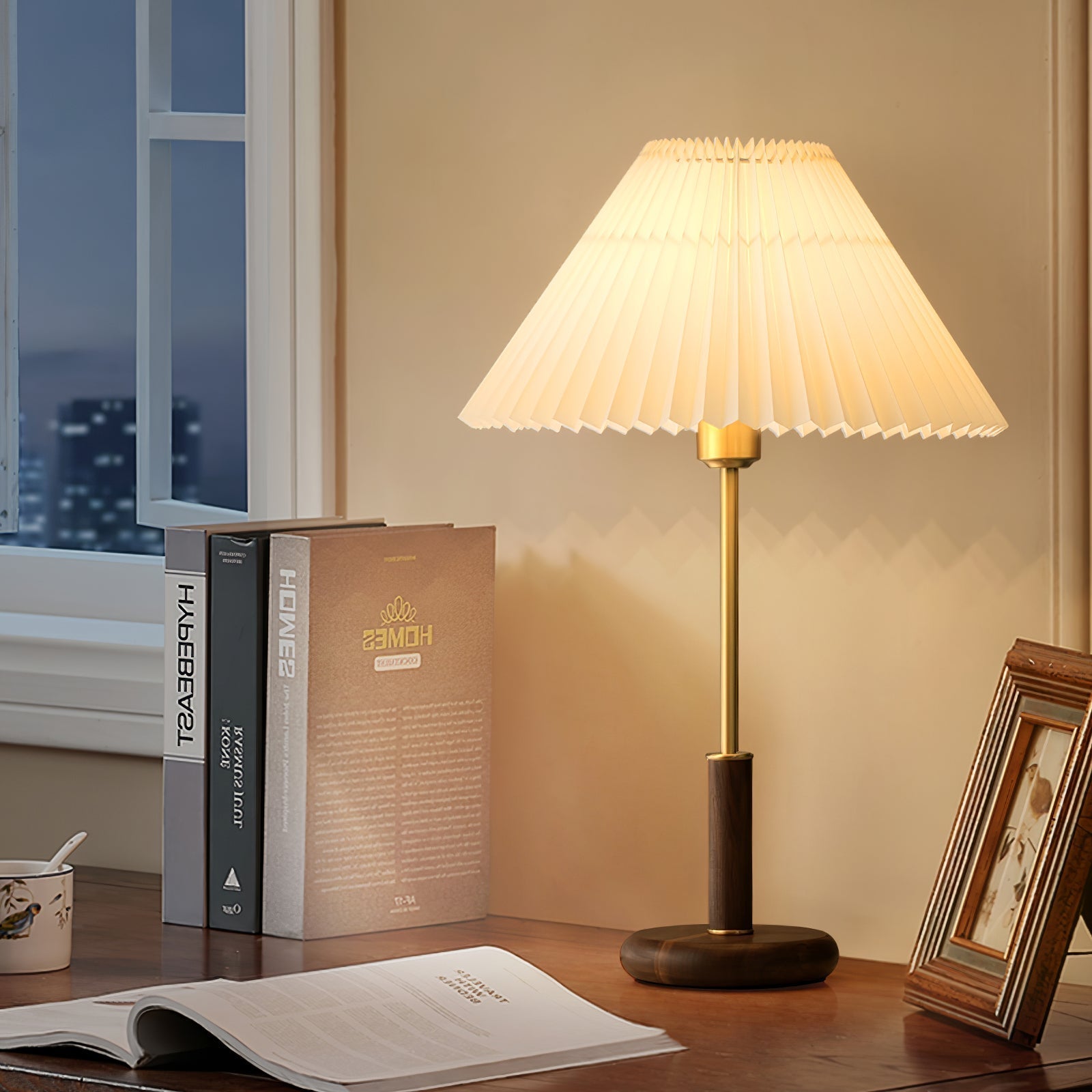 Elmora Pleated Linen Shade Table Lamp In Wood And Metal